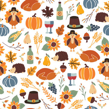 Seamless Thanksgiving day vector pattern with pumpkins, hats, sunflowers, turkey, hedgehog, wine bottle, and leaves. Autumn repeating background for party invitation, fabric, packaging, dinner party
