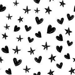 Stars and hearts doodles seamless pattern. Hand drawn texture background.