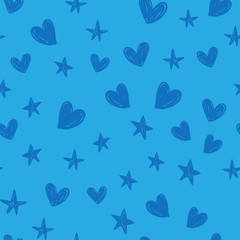 Stars and hearts doodles seamless pattern. Hand drawn texture background.