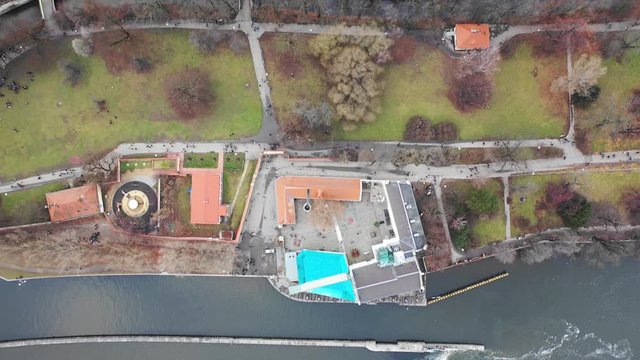 Beautiful Prague aerial view on park Kampa and river Vltava, Petrin. Prague, Czechia by Drone. View from above of the city Prague.