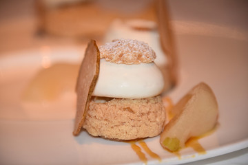 Delicious dessert with pears, sweet tasty cake.