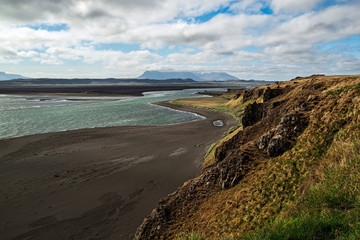 Mountains and black beach near Hvitserkur in Iceland