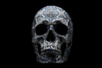 Human skull with ornate pattern on black background. Traditional Portuguese, glazed ceramic tiles.