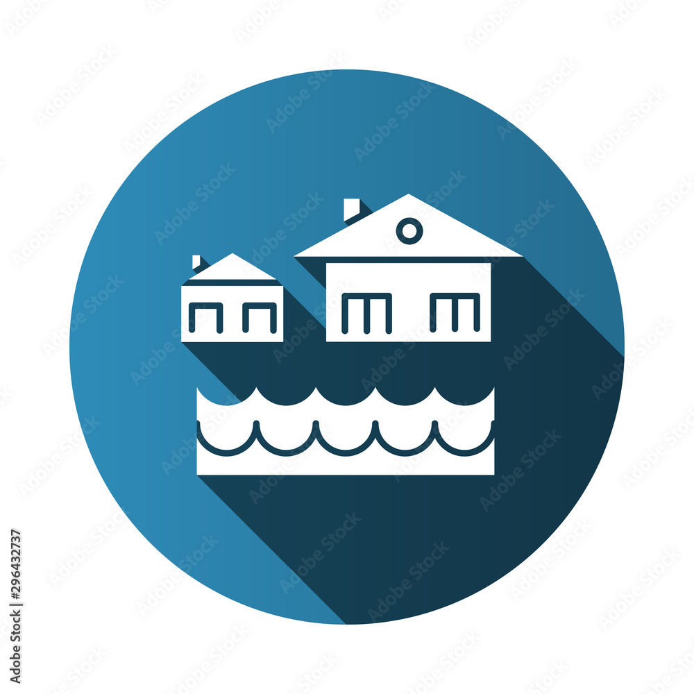 Poster flood flat design long shadow glyph icon. overflow of water. sinking house. submerged building. floo