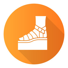 Platform high heel sandals orange flat design long shadow glyph icon. Woman stylish footwear. Female casual summer shoes. Fashionable ladies clothing accessory. Vector silhouette illustration