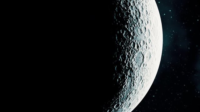 Moon Flying In Outer Space. 4K. 3D Animation. 3840x2160.