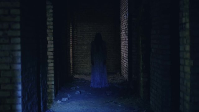 Mysterious ghost standing in long dark corridor, wandering creepy haunted house