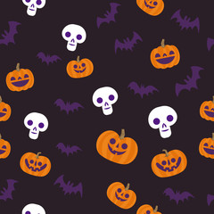Halloween seamless pattern. Skulls, pumpkins and bats. Cute illustrations. Background texture.