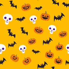 Halloween seamless pattern. Skulls, pumpkins and bats. Cute illustrations. Background texture.
