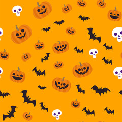 Halloween seamless pattern. Skulls, pumpkins and bats. Cute illustrations. Background texture.