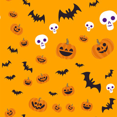 Halloween seamless pattern. Skulls, pumpkins and bats. Cute illustrations. Background texture.
