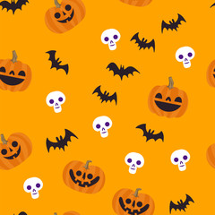 Halloween seamless pattern. Skulls, pumpkins and bats. Cute illustrations. Background texture.