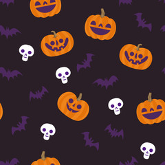 Halloween seamless pattern. Skulls, pumpkins and bats. Cute illustrations. Background texture.