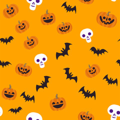 Halloween seamless pattern. Skulls, pumpkins and bats. Cute illustrations. Background texture.