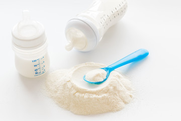 Baby food. Powder in spoon near baby bottle on white background