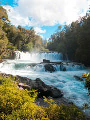 Obraz premium Waterfall of La Leona, in Huilo Huilo Biological Reserve, Los Rios Region, southern Chile.