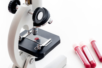 Blood testing. Samples viewing under microscope on white background top view copy space