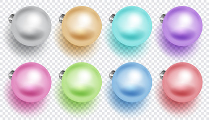 Set of multicolored Christmas balls with soft shadows, isolated on transparent background