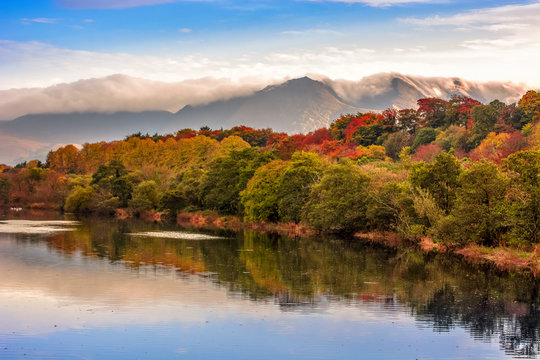 Spectacular view landscape mountain hill foggy day sunrise Killorglin Kerry Ireland red green forest