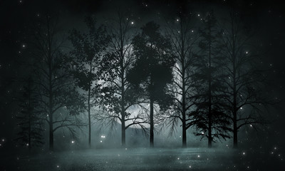 Fototapeta premium Dark forest. Gloomy dark scene with trees, big moon, moonlight. Smoke, shadow. Abstract dark, cold street background. Night view.