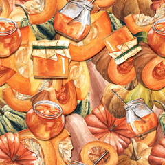 Autumn seamless dense pattern of pumpkins and jars of jam. Hand drawn watercolor illustration ideal for fabric and wrapping paper