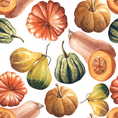 Seamless watercolor pumpkin pattern. Autumn themed pattern isolated on white background