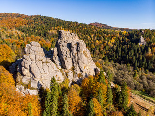 Tustan at fall, Urych, Ukraine. Drone shot