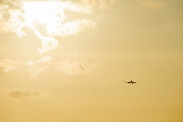 Silhouette of a passenger airliner in the sky during sunset. Airplane in the sky.