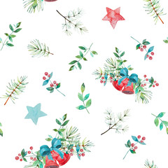 Seamless Xmas pattern. Watercolor illustration isolated on white background.