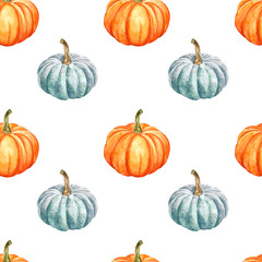 Pumpkins seamless pattern. Simple design. hand painted autumn veggies on white background, isolated. Orange and blue gourds. Best for fall themed design, Thanksgiving cards, halloween wallpaper.