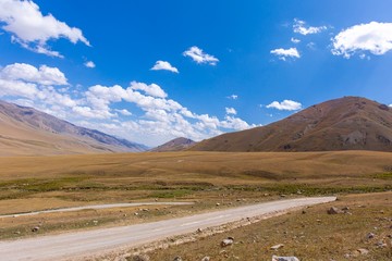 Kyrgyzstan gorges.Sky blue. Mountain valley. Panoramic view. Park, outdoor.