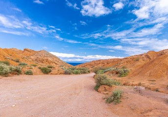 Kyrgyzstan gorges.Sky blue. Mountain valley. Panoramic view. Park, outdoor.