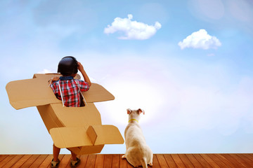 Little boy in a cardboard airplane. concept of dreams and travels.
