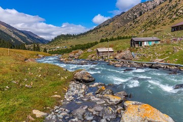 Kyrgyzstan gorges.Sky blue. Mountain valley. Panoramic view. Park, outdoor.