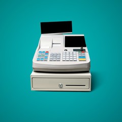 Cash register with LCD display on background - obrazy, fototapety, plakaty