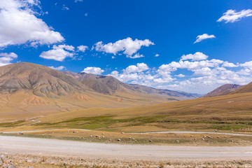 Kyrgyzstan gorges.Sky blue. Mountain valley. Panoramic view. Park, outdoor.