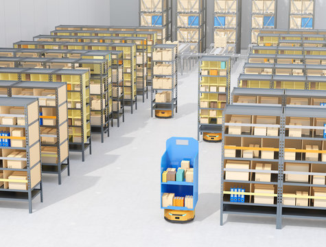 Autonomous Mobile Robots delivering shelves in distribution center. Intelligent logistics center concept. 3D rendering image.