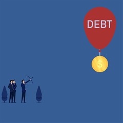 Business flat vector concept businessman aim for coin fly with balloon debt metaphor of financial freedom.
