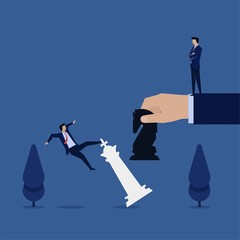 Obraz premium Business flat vector concept manager fall from king piece with black knight metaphor of strategy.