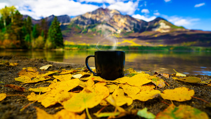 Autumn Fall Mountain Landscape With Steaming Coffee Tea Cup Hot Chocolate