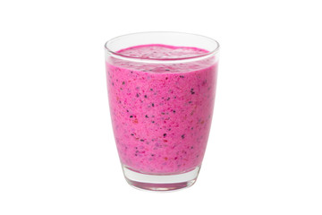 Closeup glass of red dragon fruit with coconut milk super food smoothie isolated at white background. Concept of healthy vegan lifestyle.