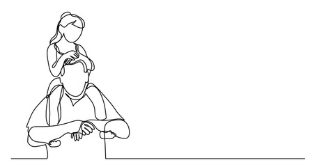 continuous line drawing of happy father carrying his daughter girl on his shoulders