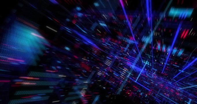 Abstract hologram 3D Big Data Digital City with futuristic matrix. Digital buildings with a binary code particles network. Technological and connection motion background. Seamless loop 3D render