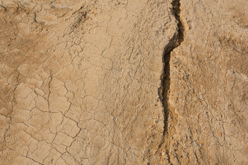 Close-up of a long crack on a dry land surface