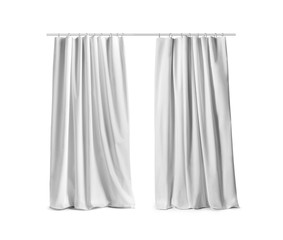 Two white curtains hanging on the rail Isolated on a white background, front view. Photo ready for mock up.