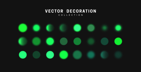 Glowing green bokeh lights. Sparkles vibrant blurry round dots glow texture. Set of design elements.
