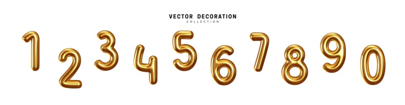 Golden Number Balloons 0 to 9. Yellow Volume 3d render numbers. Party, birthday, celebrate anniversary and wedding. Gold round font. Realistic design elements. Festive set isolated. vector