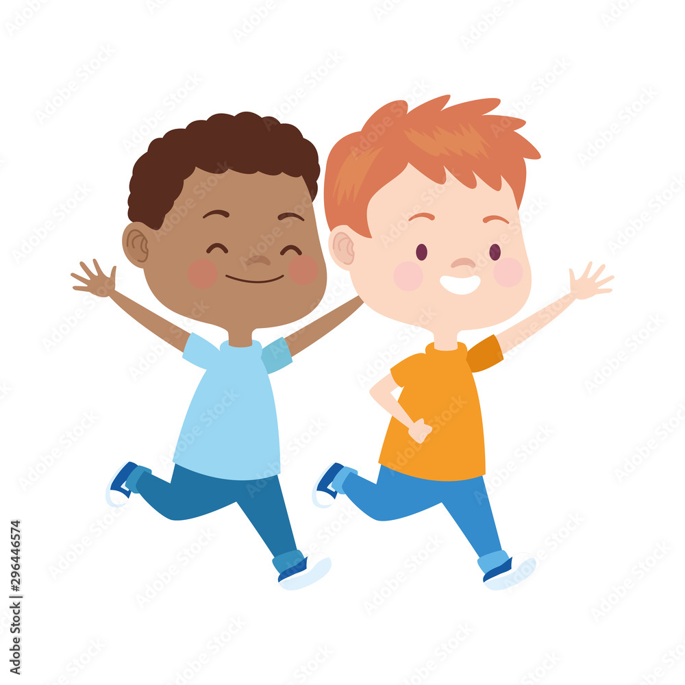 Poster cartoon kids running icon, colorful flat design