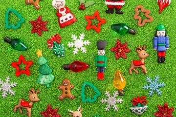 A Festive Holiday Background with Various Christmas Theme Toys