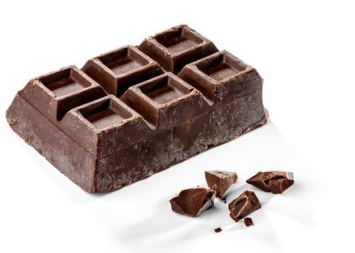 chocolate slab with pieces of chocolate close-up  isolated on white background